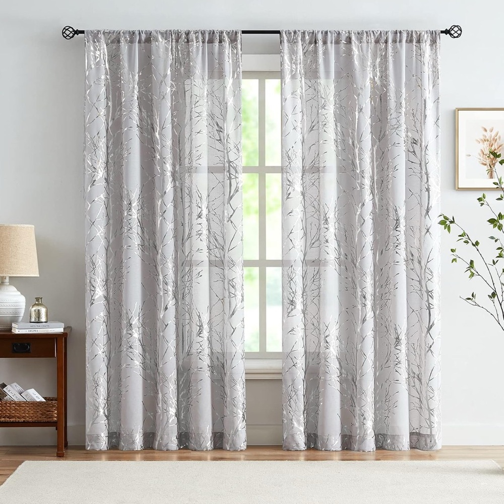 NEW Silver Tree Pattern Curtains FMFUNCTEX sheer shiny